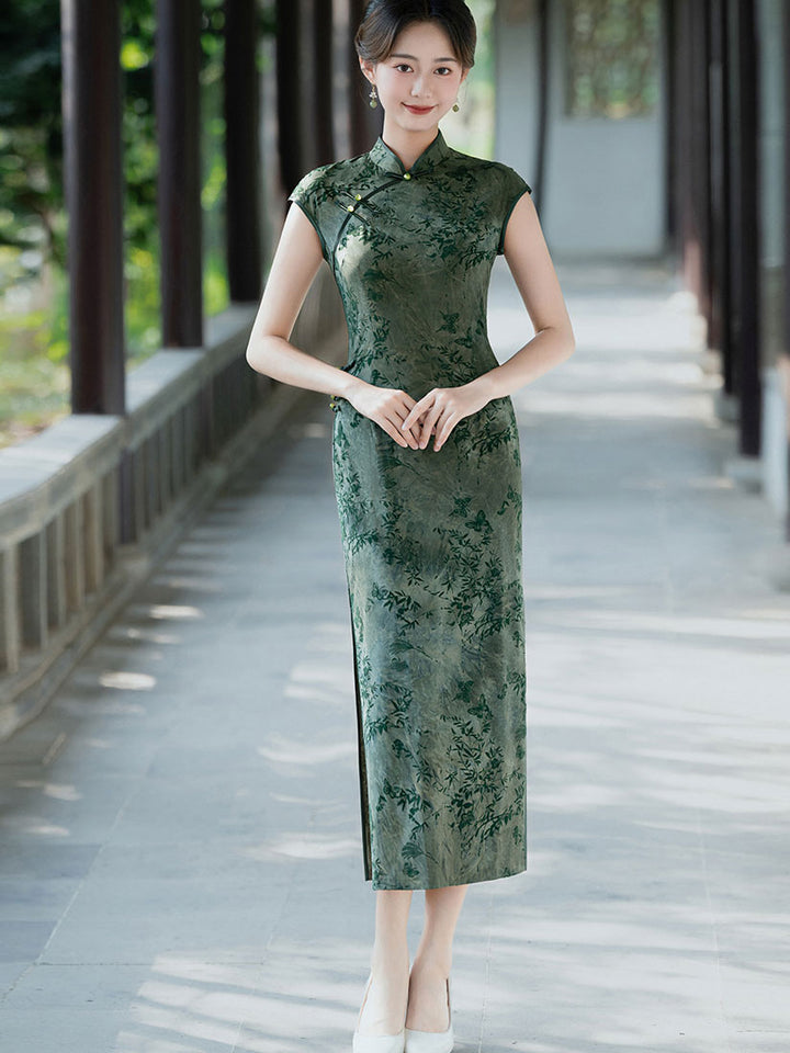 2026 Green Blue Floral Cheongsam Qipao Dress