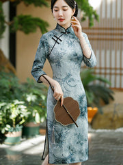 2023 Winter Gray Black Floral Midi Cheongsam Qipao Dress