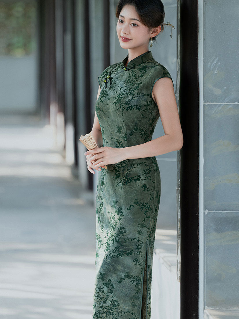 2026 Green Blue Floral Cheongsam Qipao Dress