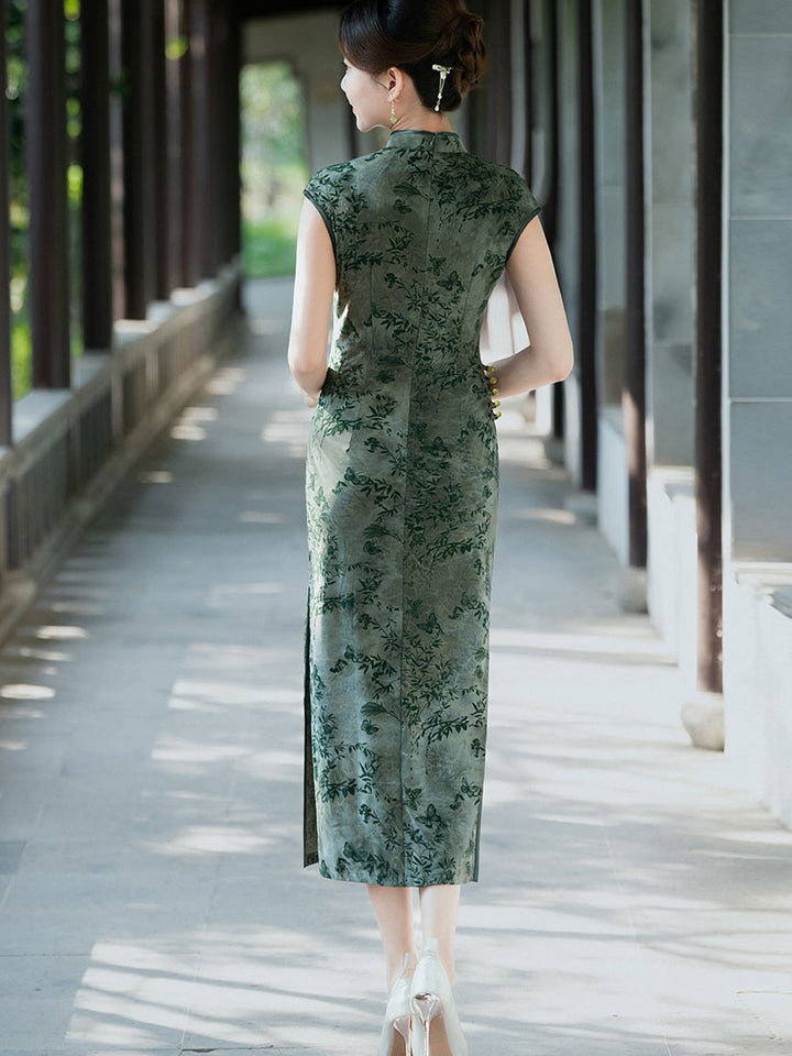 2026 Green Blue Floral Cheongsam Qipao Dress