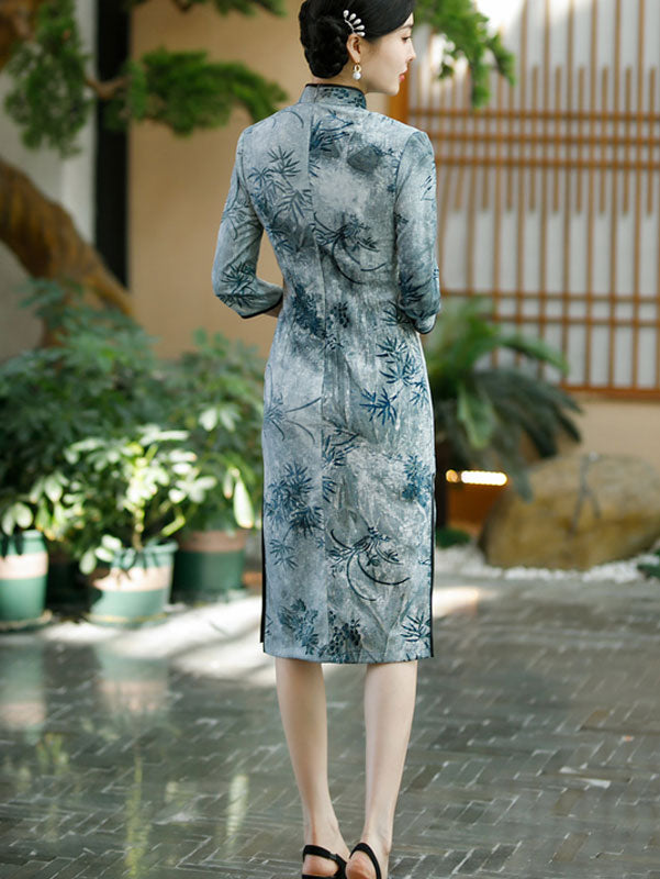 2023 Winter Gray Black Floral Midi Cheongsam Qipao Dress