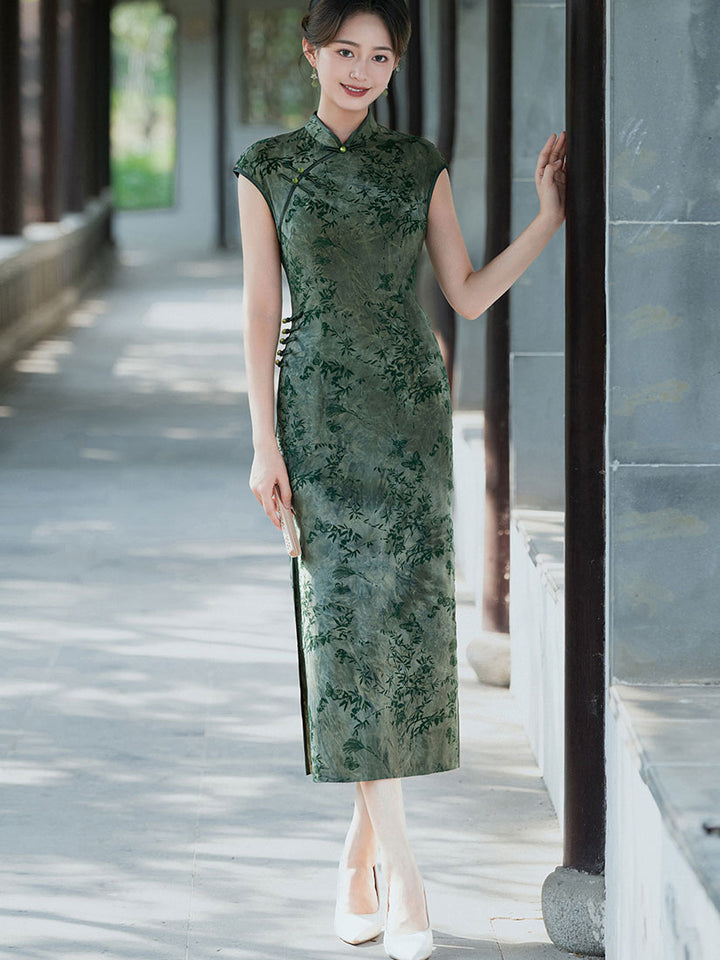 2026 Green Blue Floral Cheongsam Qipao Dress