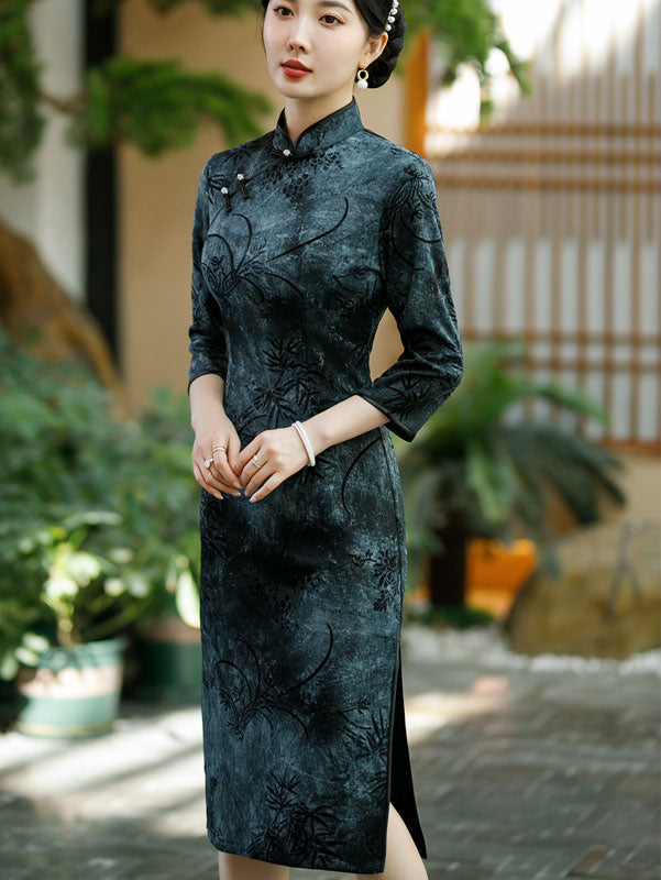 2023 Winter Gray Black Floral Midi Cheongsam Qipao Dress