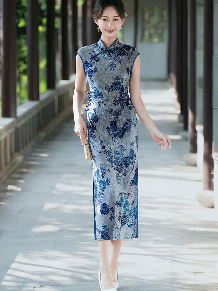 2026 Green Blue Floral Cheongsam Qipao Dress