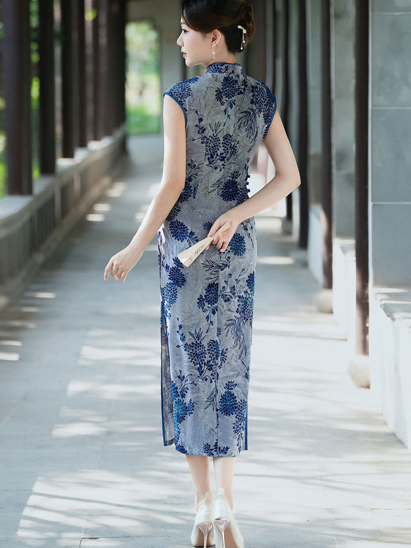 2026 Green Blue Floral Cheongsam Qipao Dress