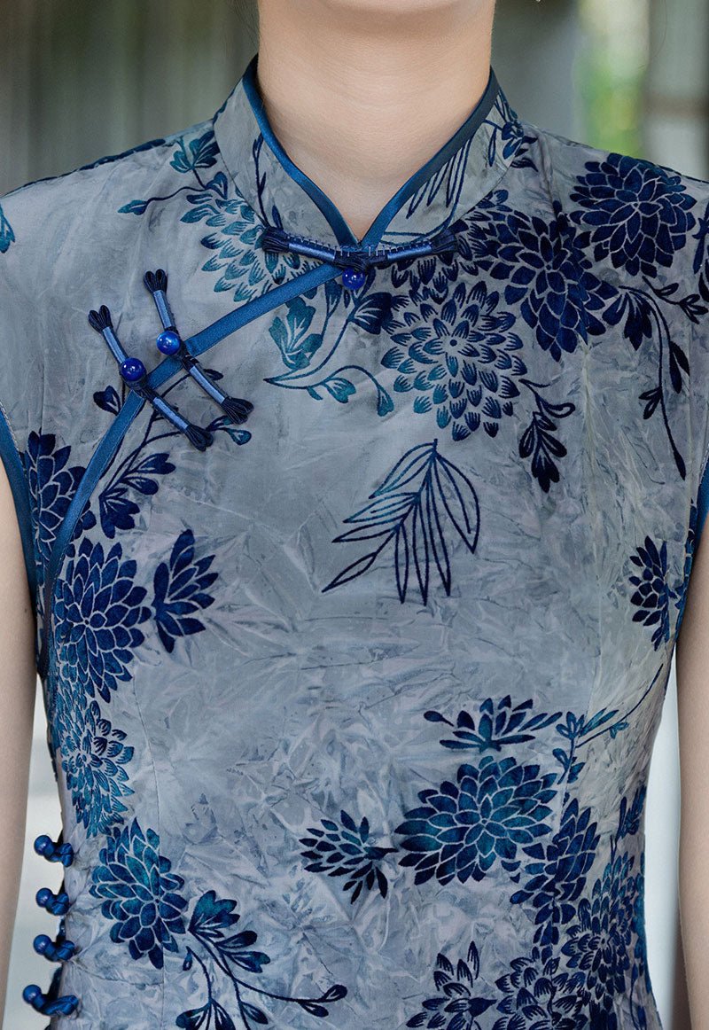 2026 Green Blue Floral Cheongsam Qipao Dress