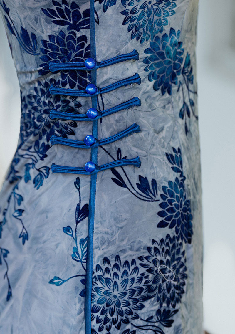 2026 Green Blue Floral Cheongsam Qipao Dress