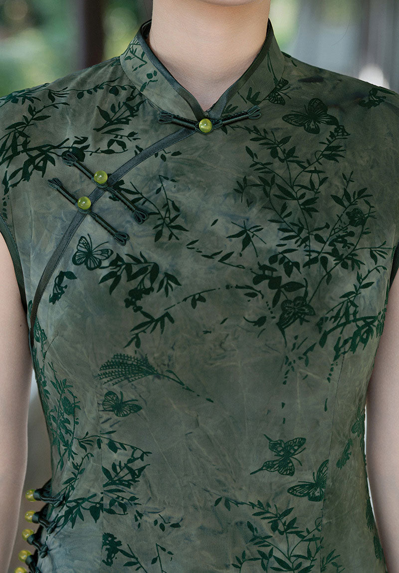 2026 Green Blue Floral Cheongsam Qipao Dress