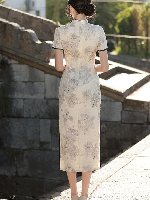 2023 Gray Floral Long Cheongsam Qipao Dress