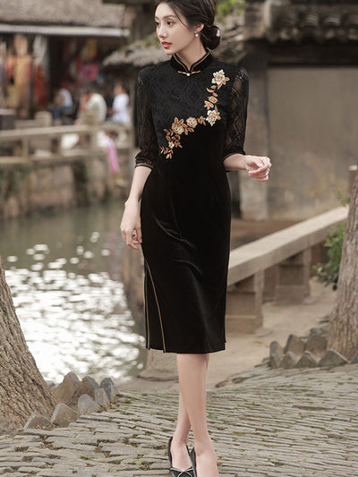 Black Embroidered Velvet Mothers Qipao Cheongsam Dress