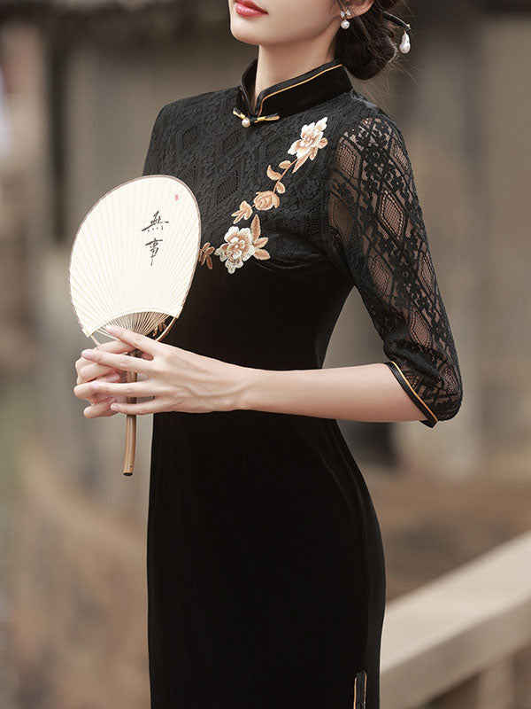 Black Embroidered Velvet Mothers Qipao Cheongsam Dress