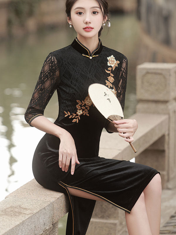 Black Embroidered Velvet Mothers Qipao Cheongsam Dress