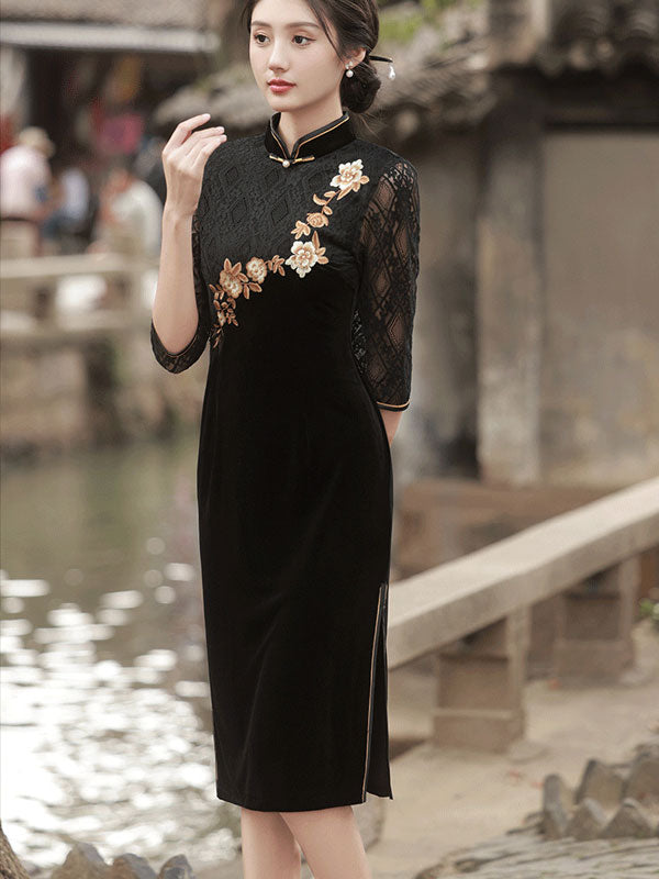 Black Embroidered Velvet Mothers Qipao Cheongsam Dress