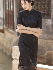 Black Sequined Floral Lace Cheongsam Qipao Dress