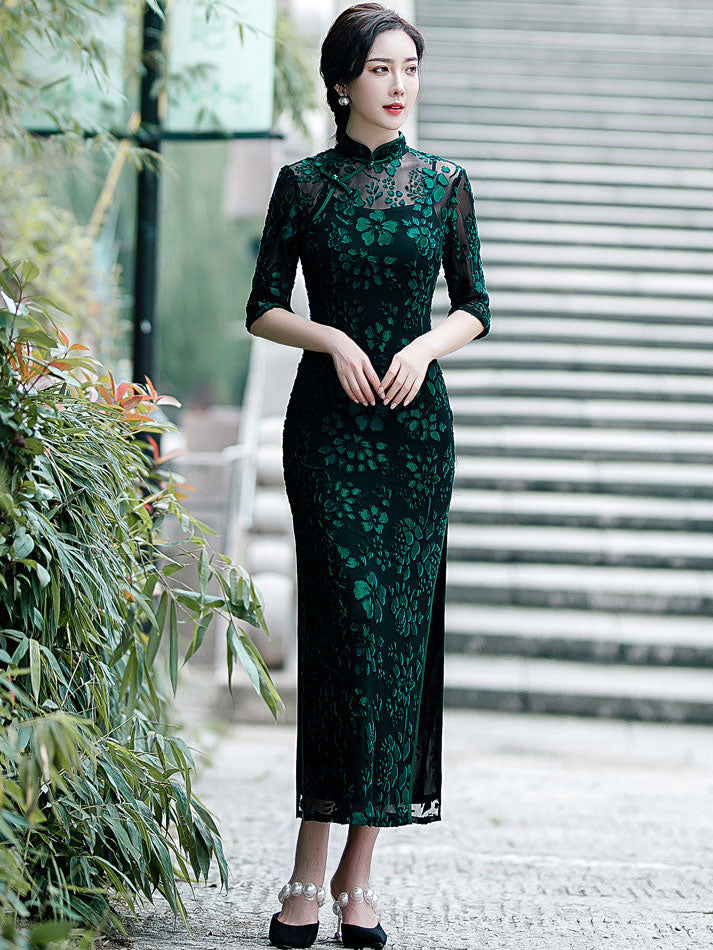 Green Floral Velvet Long Qipao Cheongsam Dress - IMALLURE M
