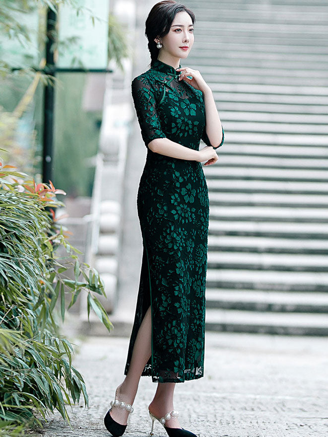 Green Floral Velvet Long Qipao Cheongsam Dress