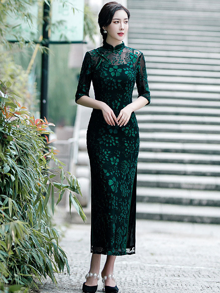 Green Floral Velvet Long Qipao Cheongsam Dress
