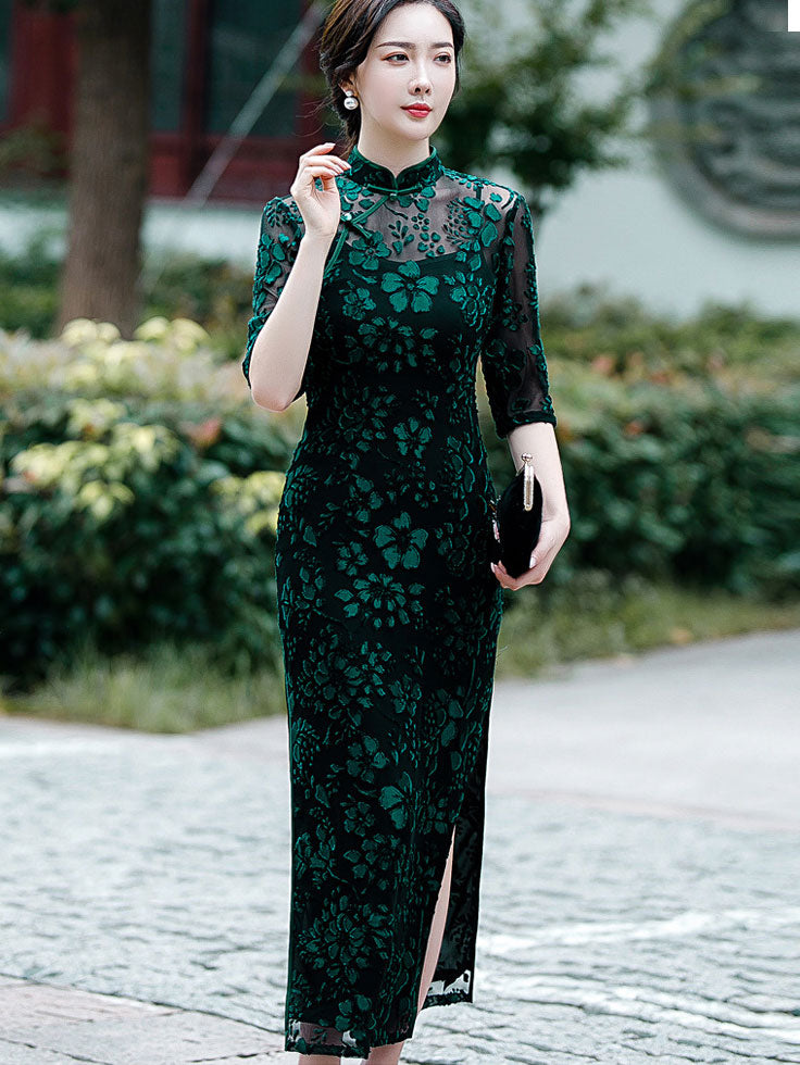 Green Floral Velvet Long Qipao Cheongsam Dress
