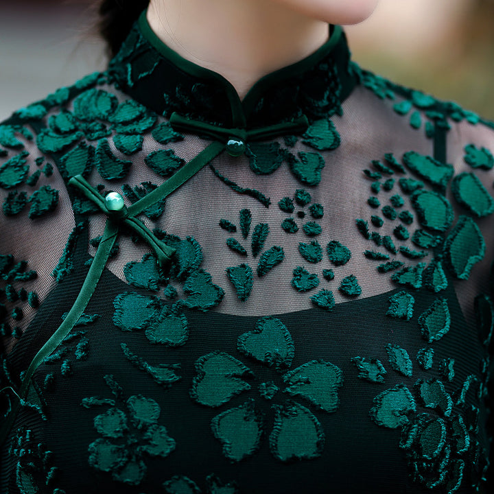 Green Floral Velvet Long Qipao Cheongsam Dress