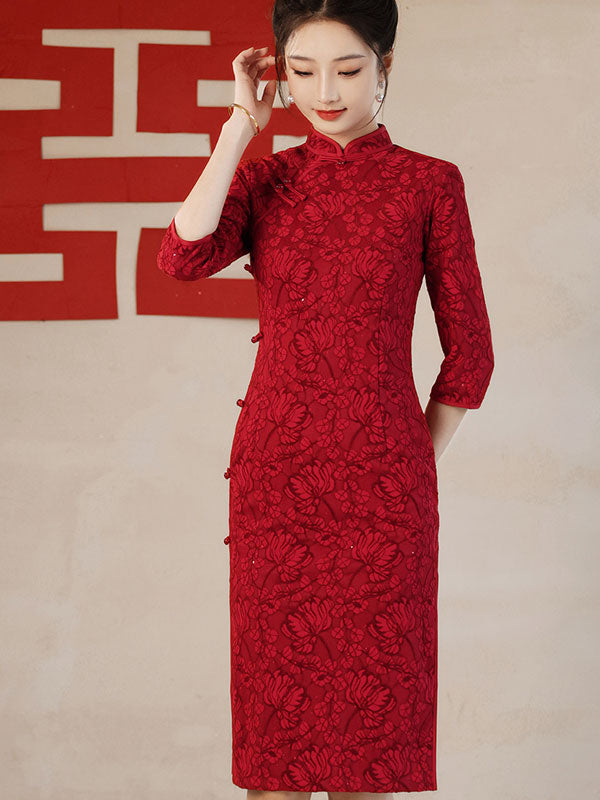 Red Floral Wedding Bride Cheongsam Qipao Dress
