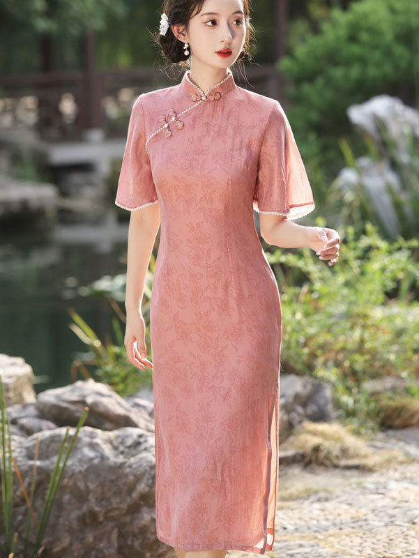 Pink Floral Flutter Sleeve Modern Qipao Cheongsam Dress