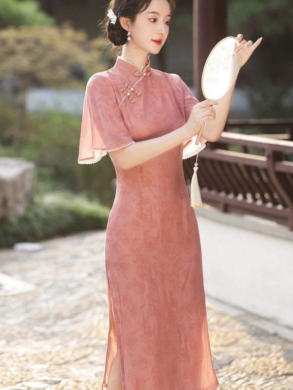 Pink Floral Flutter Sleeve Modern Qipao Cheongsam Dress
