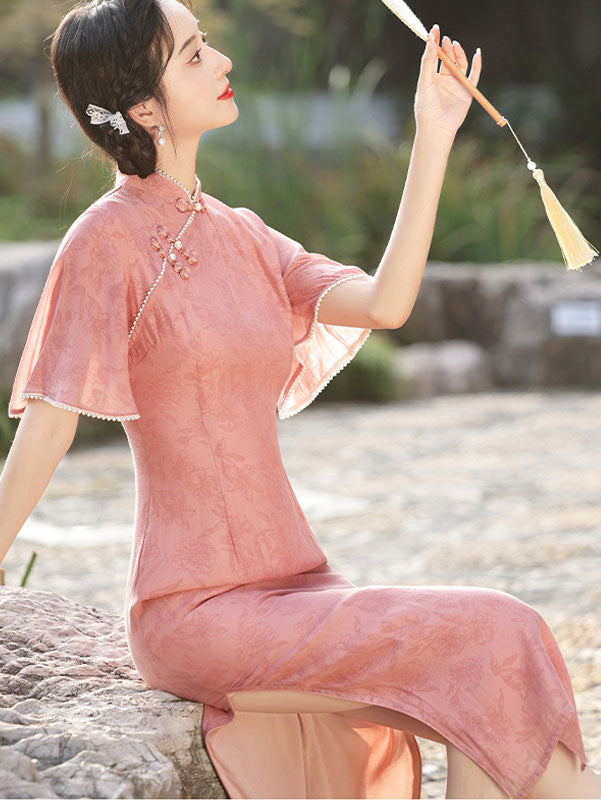 Pink Floral Flutter Sleeve Modern Qipao Cheongsam Dress