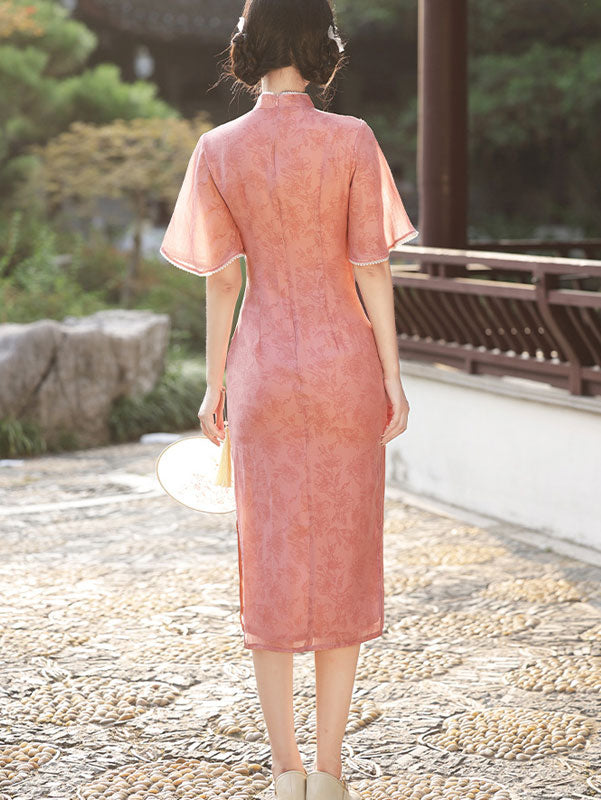 Pink Floral Flutter Sleeve Modern Qipao Cheongsam Dress