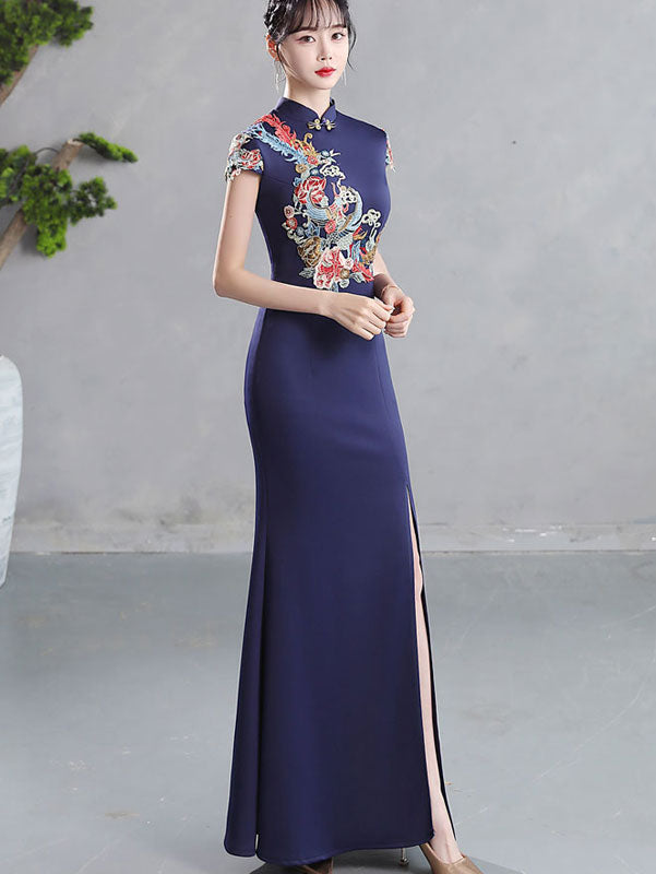 Blue Thigh Split Fishtail Phoenix Cheongsam Qipao Dress