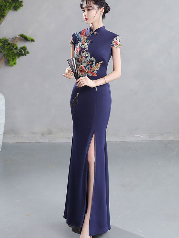 Blue Thigh Split Fishtail Phoenix Cheongsam Qipao Dress