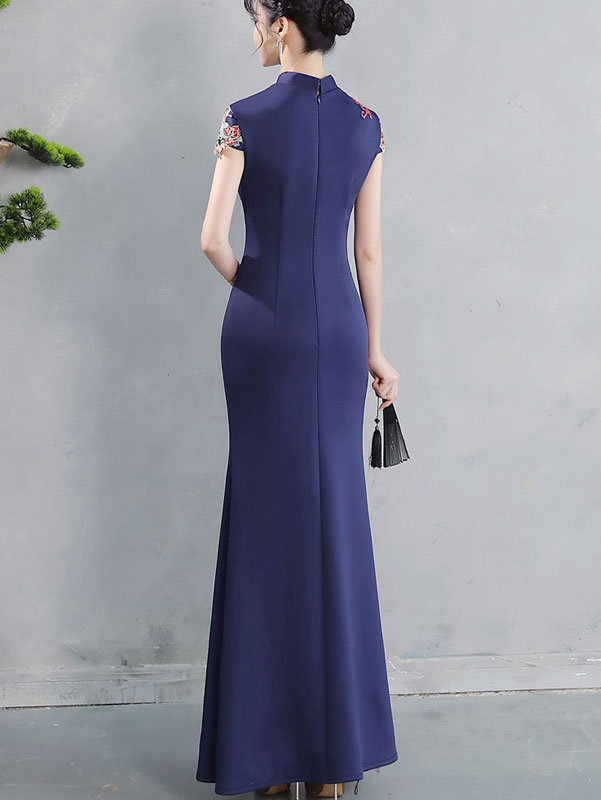 Blue Thigh Split Fishtail Phoenix Cheongsam Qipao Dress