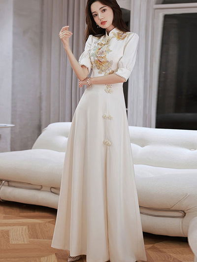 Embroidered Floral Thigh Split A-line Qipao Cheongsam Gown