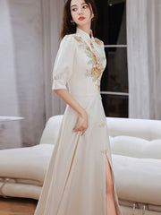 Embroidered Floral Thigh Split A-line Qipao Cheongsam Gown