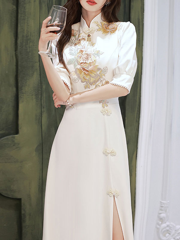 Embroidered Floral Thigh Split A-line Qipao Cheongsam Gown