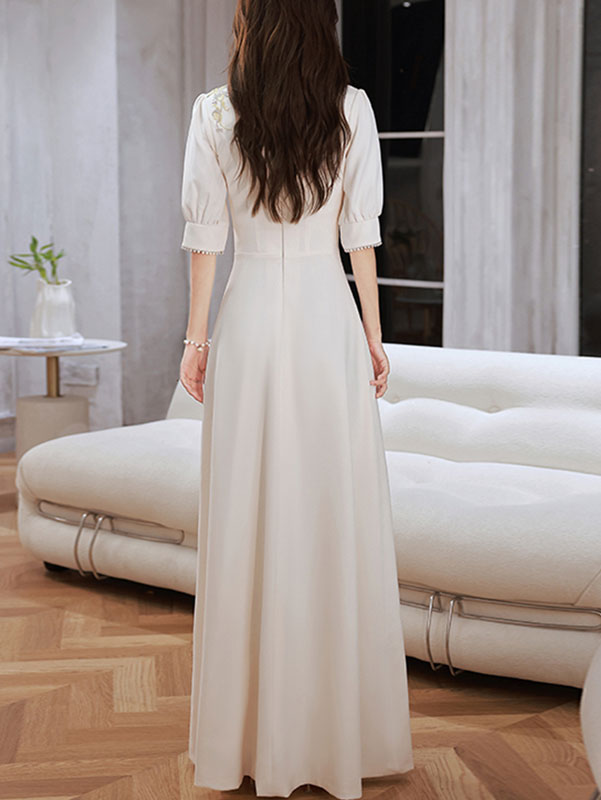 Embroidered Floral Thigh Split A-line Qipao Cheongsam Gown