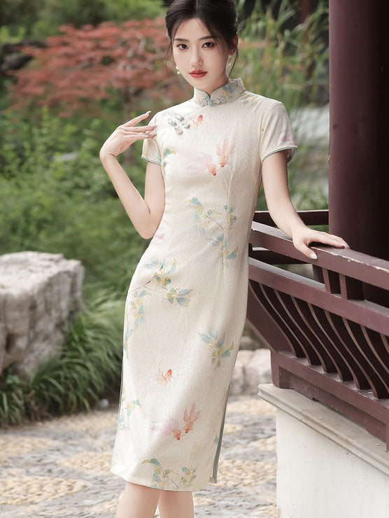 2023 Beige Floral Print Midi Cheongsam Qipao Dress