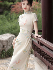 2023 Beige Floral Print Midi Cheongsam Qipao Dress