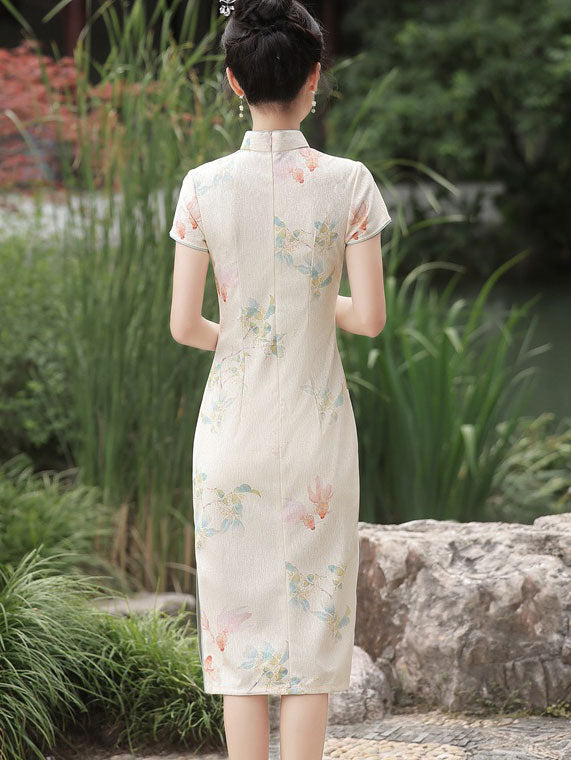 2023 Beige Floral Print Midi Cheongsam Qipao Dress2023 Beige Floral Print Midi Cheongsam Qipao Dress