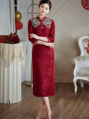 Red Embroidered Winter Bride Wedding Cheongsam Qipao Dress