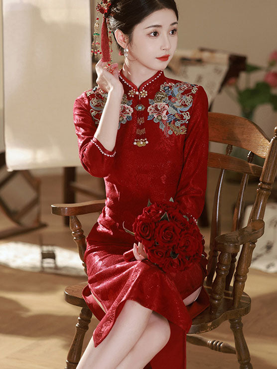 Red Embroidered Winter Bride Wedding Cheongsam Qipao Dress