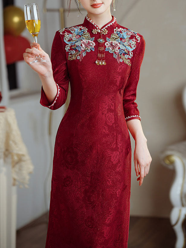 Red Embroidered Winter Bride Wedding Cheongsam Qipao Dress