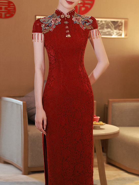 Red Lace Embroidered Bride Wedding Cheongsam Qipao Dress