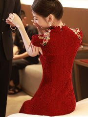Red Lace Embroidered Bride Wedding Cheongsam Qipao Dress
