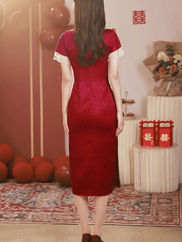 Red Jacquard Tassels Bride Wedding Cheongsam Qipao Dress