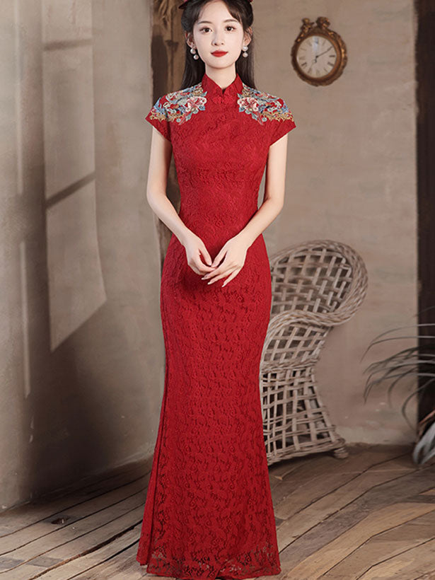 Red Lace Embroidered Fishtail Bride Wedding Cheongsam Gown