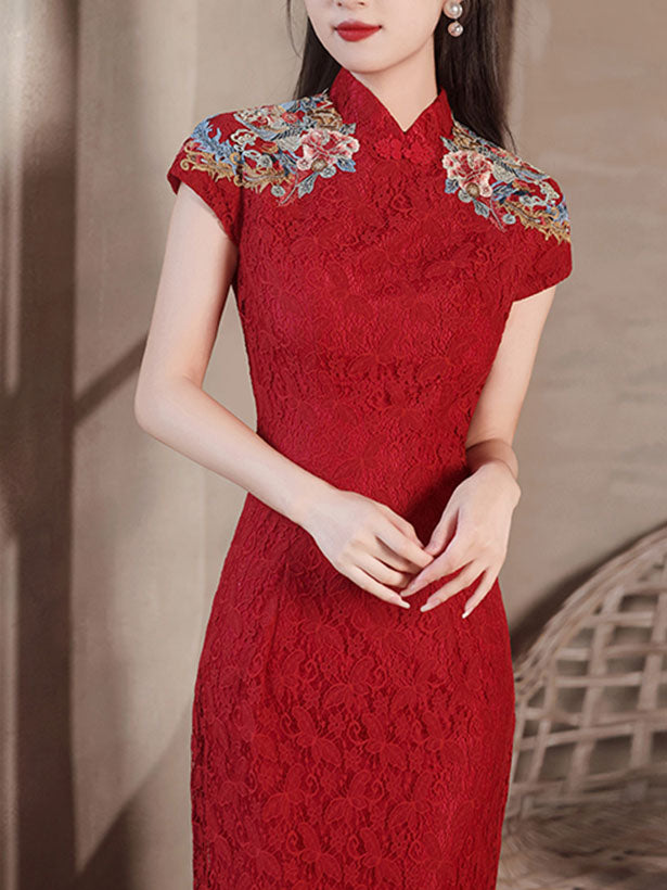 Red Lace Embroidered Fishtail Bride Wedding Cheongsam Gown