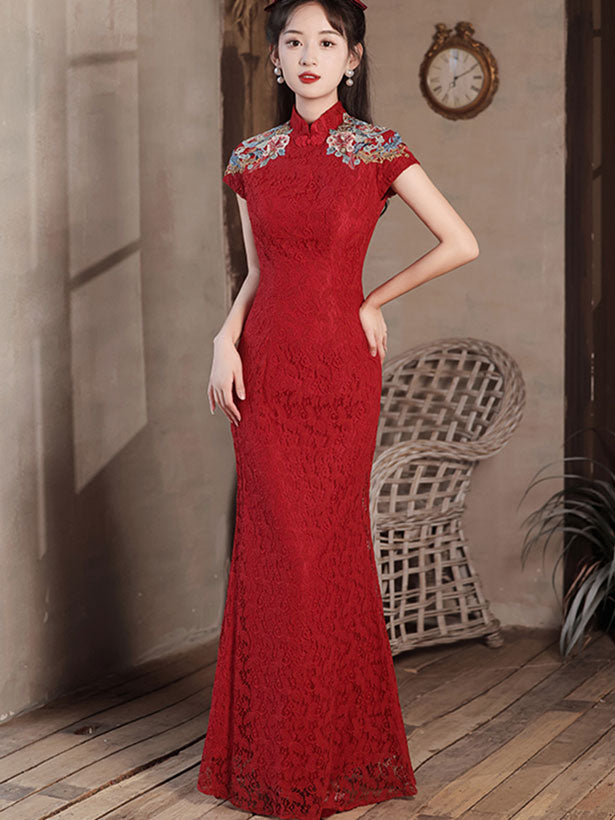 Red Lace Embroidered Fishtail Bride Wedding Cheongsam Gown