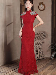 Red Lace Embroidered Fishtail Bride Wedding Cheongsam Gown