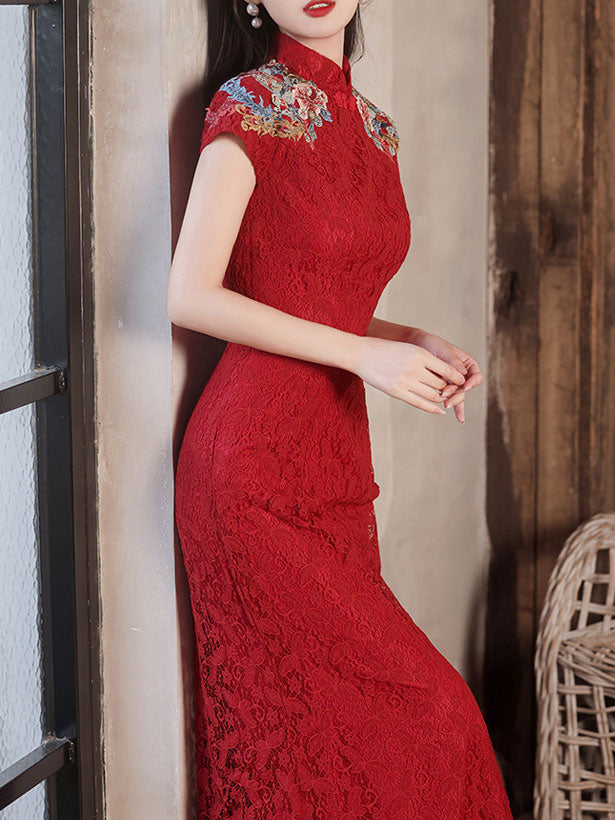 Red Lace Embroidered Fishtail Bride Wedding Cheongsam Gown