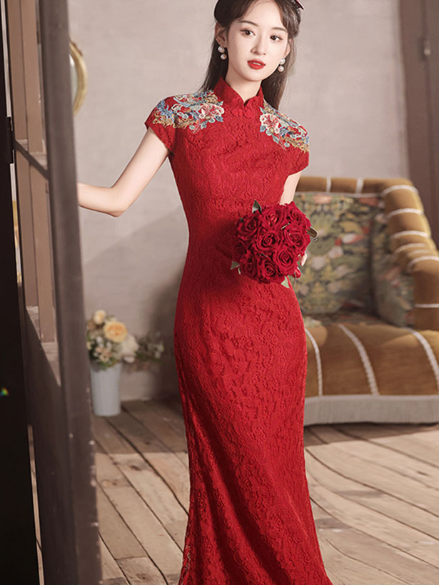 Red Lace Embroidered Fishtail Bride Wedding Cheongsam Gown